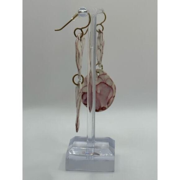 Double-Drop Dangle Earrings With Abstract Circular Pattern In White & Pink Tones - Picture 3 of 3